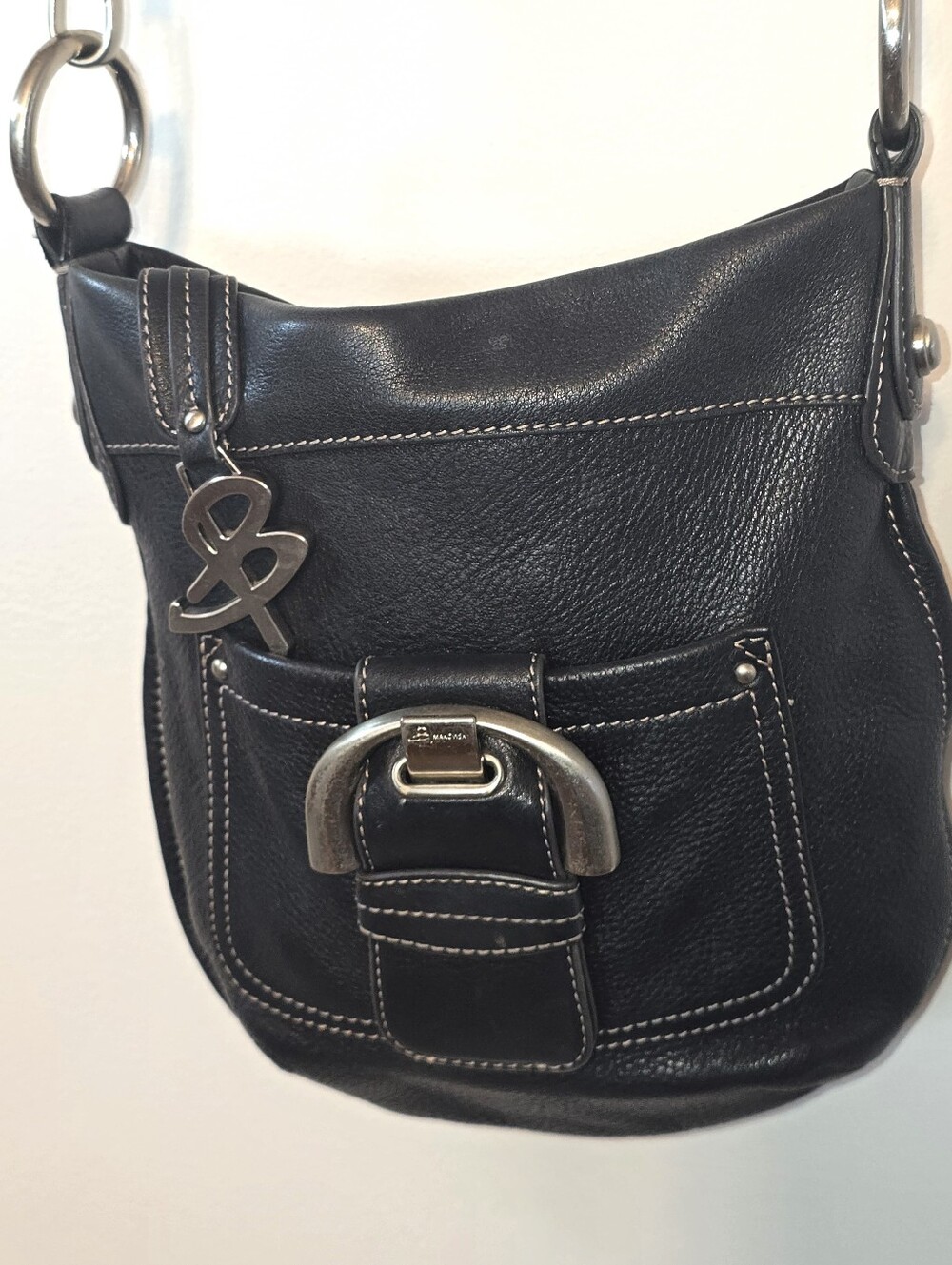 B. Makowsky Black Pebbled Leather Crossbody/Shoulder Bag with Silver Hardware